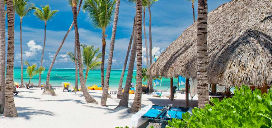 Palmeras y sombrillas en la playa de Punta Cana